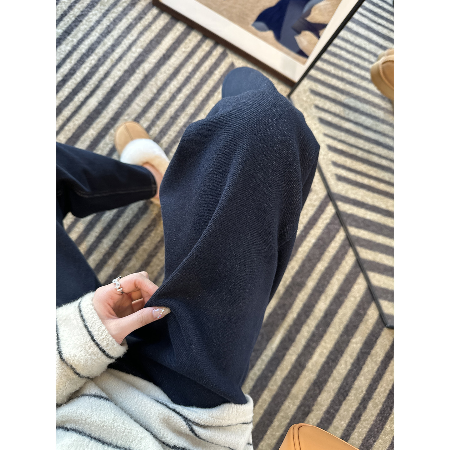 秒变三七分身材！~深色高腰植绒牛仔裤女秋冬新款宽松阔腿拖地裤,淘宝优惠券,粉丝福利购,淘宝优惠卷