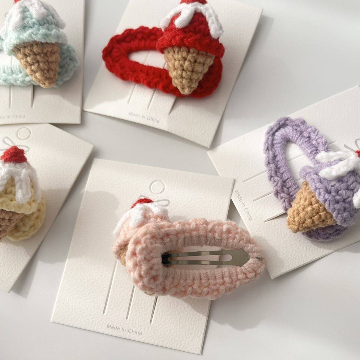 手工毛线钩织发夹成品冰淇淋可爱小卡子立体马卡龙色系全包不伤发,淘宝优惠券,粉丝福利购,淘宝优惠卷