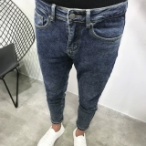 [做旧深蓝简约百搭微跨牛仔裤男 潮秋新修身小脚工装老爹社会青年]