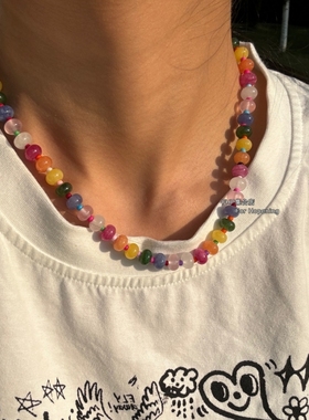 天然石彩虹色项链百搭锁骨链