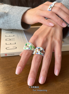 国潮手绘风镶锆石手工滴油戒指