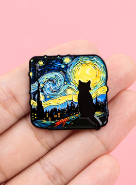 创意梵高星空油画黑猫造型金属别针胸针百搭包包服装配饰精致胸花