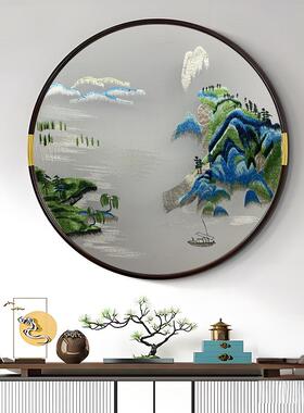 新中式苏绣双面刺绣千里江山装饰画圆行挂画沙发背景茶室书房壁画