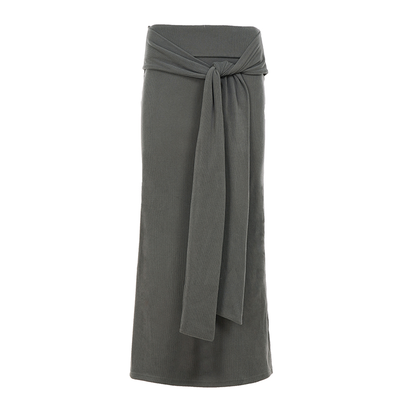 ROCKMORE【美式简约】灰色低腰绑带坑条针织长裙辣妹休闲中长裙潮 - 图3