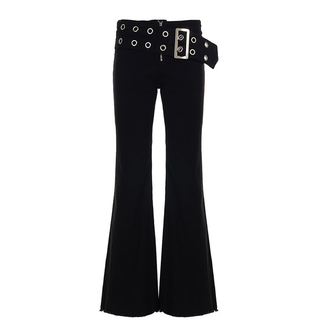 ສີດໍາ eyelet hip ການອອກແບບ jeans ແອວຕ່ໍາສໍາລັບແມ່ຍິງ