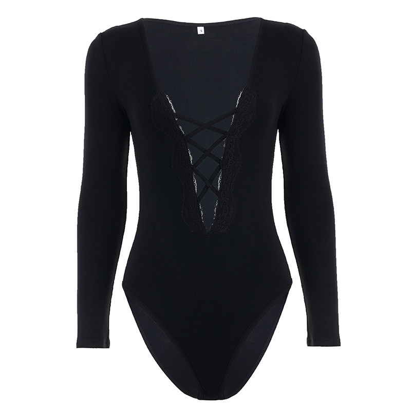 ROCKMORE【欧美辣妹】深V领蕾丝拼接长袖连体衣 镂空交叉绑带上衣,淘宝优惠券,粉丝福利购,淘宝优惠卷