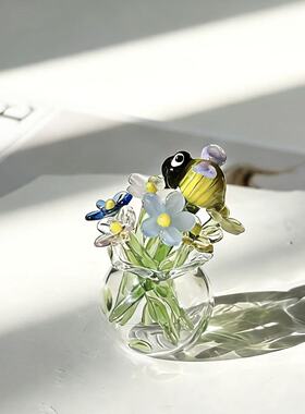 琉璃迷你小插花小花边瓶玻璃小花花小鸟组合DIY桌面摆件装饰礼物