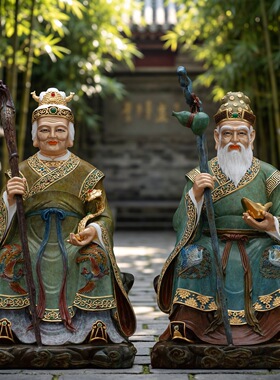 黄铜鎏金彩绘土地公土地婆神像