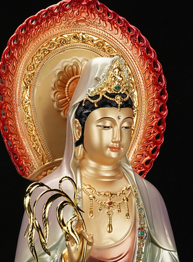 西方三圣黄铜彩绘佛像供奉摆件