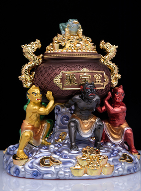 聚宝盆五鬼财神供奉五子运财摆件
