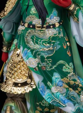 汉白玉彩绘关公神像托聚宝盆摆件