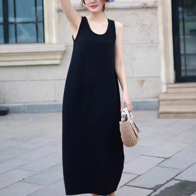 23夏秋新款简约羊毛正反两穿无袖连衣裙鹅黄色宽松型慵懒风长裙女 - 图2