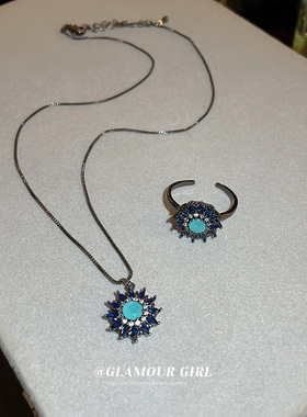 蓝色太阳花项链戒指套装高级感