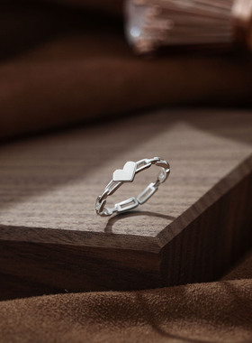 S999纯银足银韩版韩版爱心戒指简约小红书INS时尚开口链条戒子