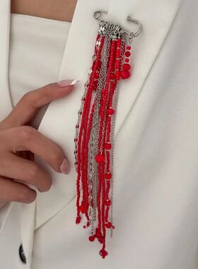 Retro Long Tassel Chain Red Crystal Bead Brooch for Women Me