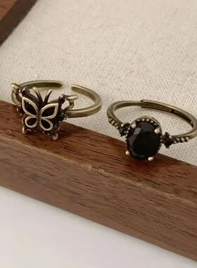 Vintage Dark Black Zircon Butterfly Oval Rings for Women Men