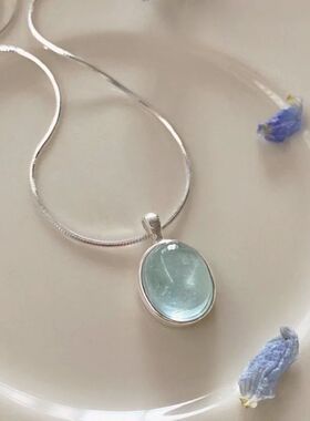 Silver Oval Aquamarine Pendant Necklace, Luxury Snake Chain