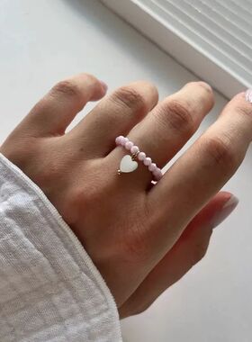 Vintage Pink Round Beads Elastic Rings for Women Fashion She