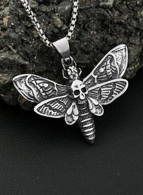 Vintage Stainless Steel Skull Moth Pendant Necklace Punk Bik