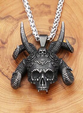 Vintage 316L Stainless Steel Horn And Skull Pendant Necklace