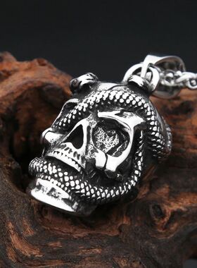 Gothic Vintage Stainless Steel Skull Craving Snake Pendant N