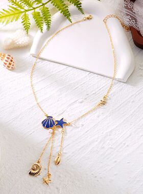 Elegant Blue Enamel Seashell Starfish Necklace For Women Con