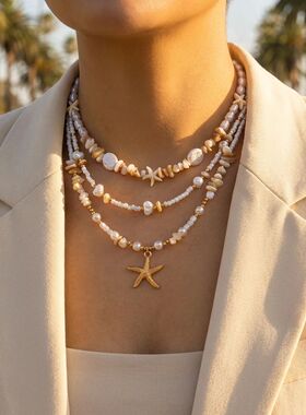 Gold Color Multilayer Starfish Shell Pendant Necklace For Wo
