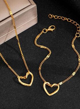 Stainless Steel Heart Necklace Bracelet Set, Hollow-Out Pend