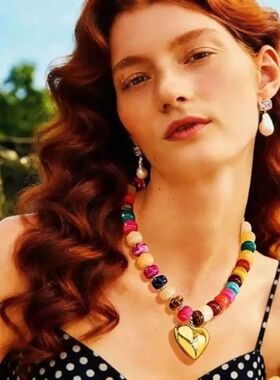 Gold Puffy Heart Pendant Chunky Beads Necklace Resin Beaded