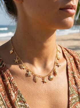 Boho Zircon Starfish Shell Conch Pendant Necklace for Women