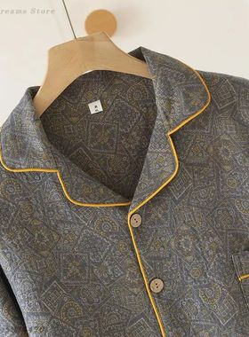 Men's Cotton Sleepwear Pijama Mujer Vintage Jacquard Long Sl