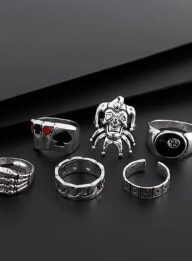6Pcs Men Punk Poker Joker Silver Color Rings for Men Goth Sk