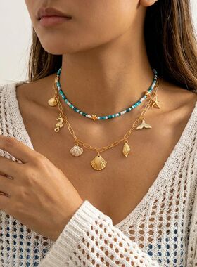 Boho Shell Starfish Scallops Pendant Necklace For Women Ocea