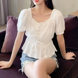 Корсет, шифоновая короткая летняя рубашка, на шнурках, квадратный вырез, короткий рукав