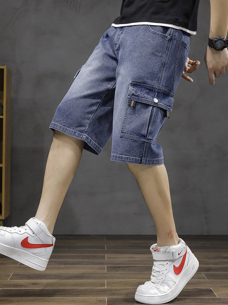 夏季薄款工装牛仔短裤男七分裤弹力宽松多口袋五分裤潮流拼接马裤,淘宝优惠券,粉丝福利购,淘宝优惠卷