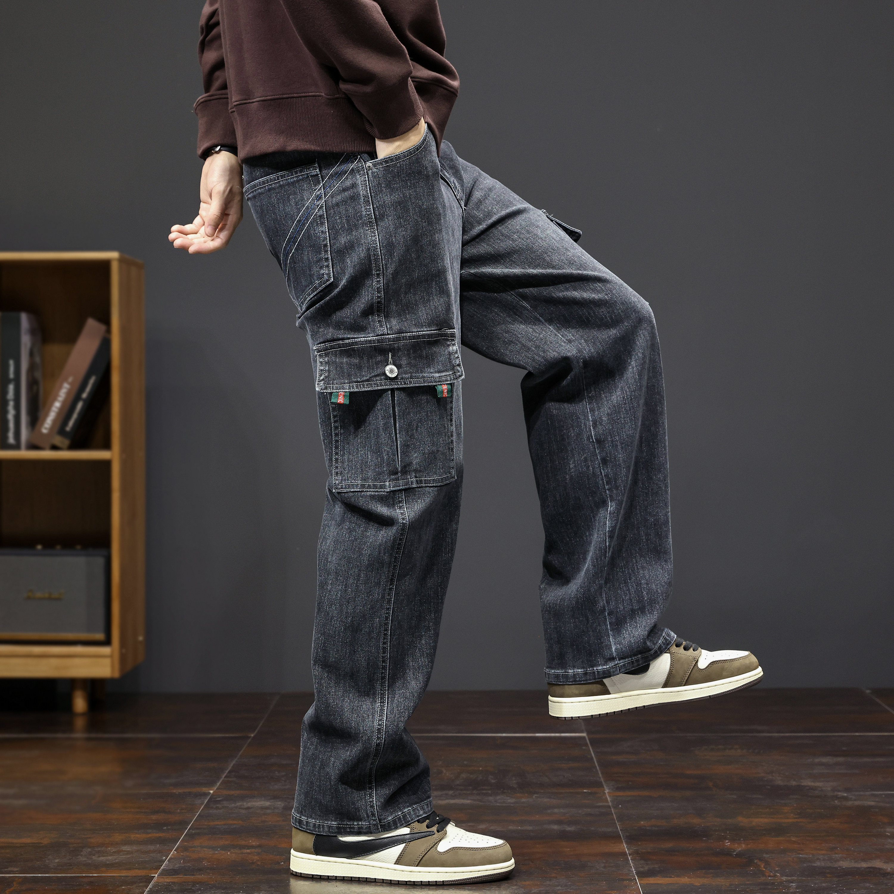 秋冬厚款工装牛仔裤男弹力宽松多口袋男士休闲直筒多兜大码阔腿裤,淘宝优惠券,粉丝福利购,淘宝优惠卷