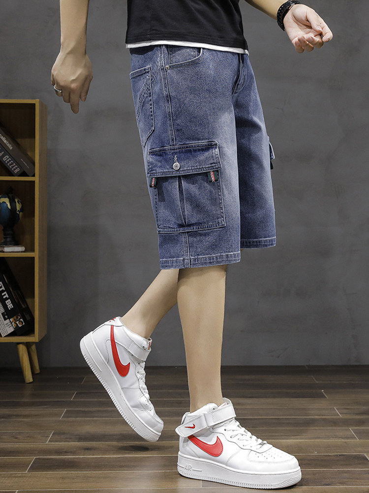 夏季薄款工装牛仔短裤男七分裤弹力宽松多口袋五分裤潮流拼接马裤,淘宝优惠券,粉丝福利购,淘宝优惠卷