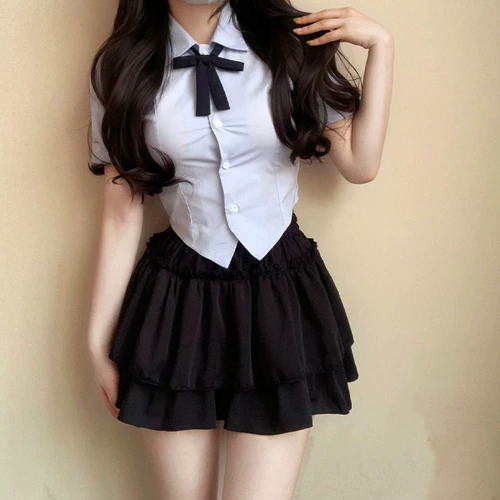 Корейская рубашка, юбка, корсет, нарукавники, комплект, с акцентом на бедрах