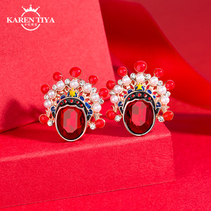 卡伦蒂亚耳钉女中国风刀马旦复古民族风红水晶耳饰品京剧脸谱耳环