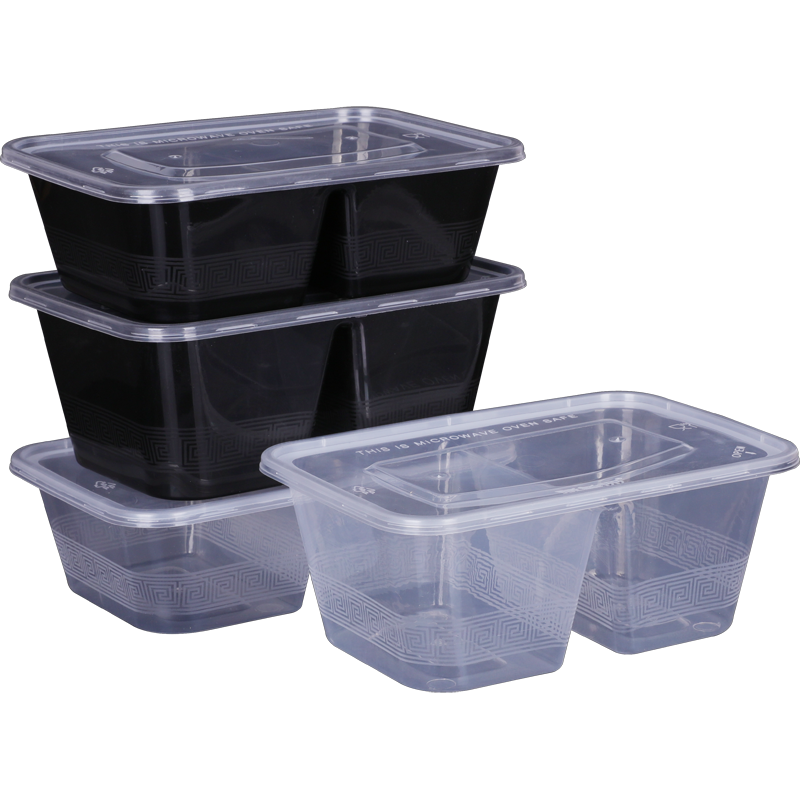 贩美丽 双格长方形一次性外卖打包盒 透明黑色快餐盒加厚塑料饭盒