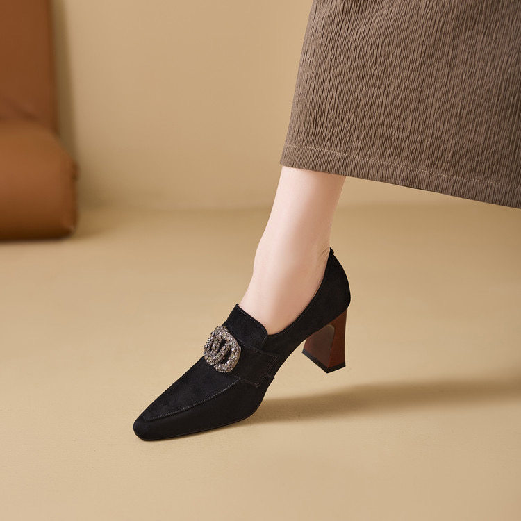 真皮尖头粗跟单鞋女2026新款复古羊反皮女鞋百搭水钻深口高跟鞋,淘宝优惠券,粉丝福利购,淘宝优惠卷