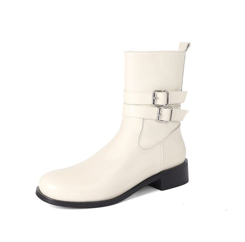 真皮低跟短靴女2025秋冬新款复古中跟女靴百搭马丁靴白色骑士靴,淘宝优惠券,粉丝福利购,淘宝优惠卷