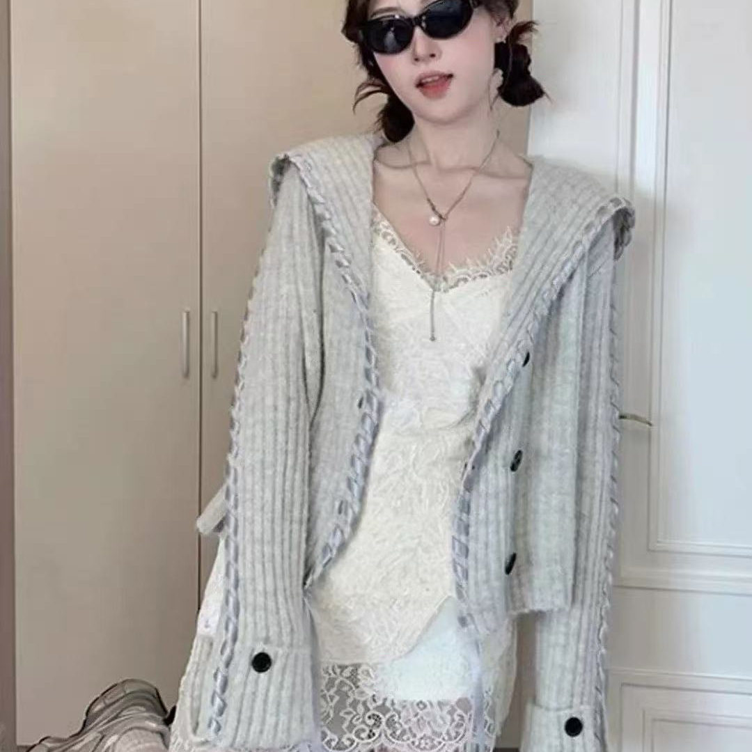 海军领毛衣外套女早秋大码胖mm时髦洋气减龄上衣短款针织开衫,淘宝优惠券,粉丝福利购,淘宝优惠卷