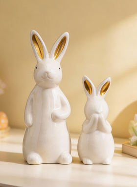 复活节白色金耳兔子陶瓷摆件