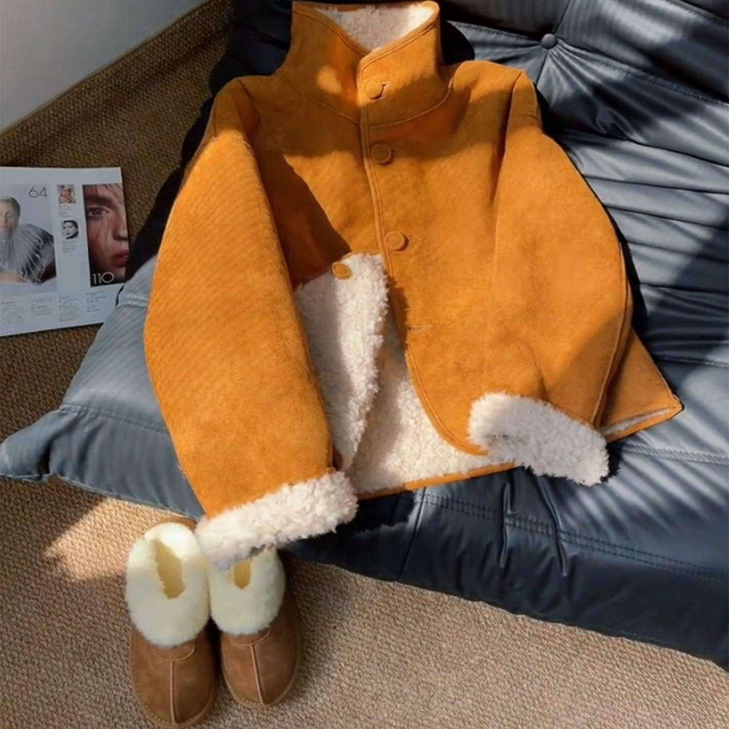2025新款爆款巨好看的橙色短款皮毛一体小香风羊羔绒外套女秋冬季,淘宝优惠券,粉丝福利购,淘宝优惠卷