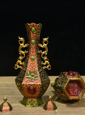 古玩珍品回流锦盒内藏铜鎏金香炉珐琅彩镶宝石双龙花瓶一套摆件