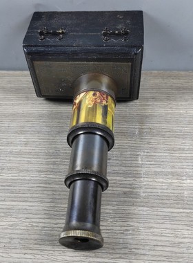 欧洲回流古董木盒望远镜道具摆件复古黄铜伸缩望眼镜古玩仿古物件