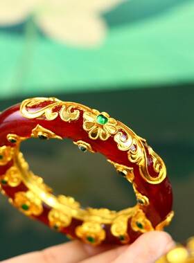 古法金镶嵌红翡石英岩质玉包金套盒玉石套装送礼佳品