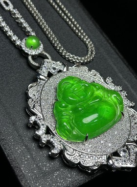 阳绿翡翠色佛公冰种种水银镶嵌吊坠女款时尚潮流古典美高冰弥勒佛