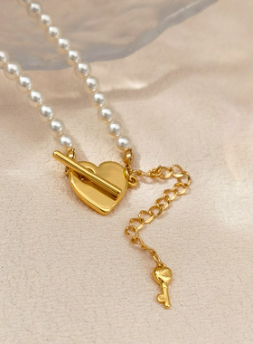 法式高亮珍珠爱心项链百搭